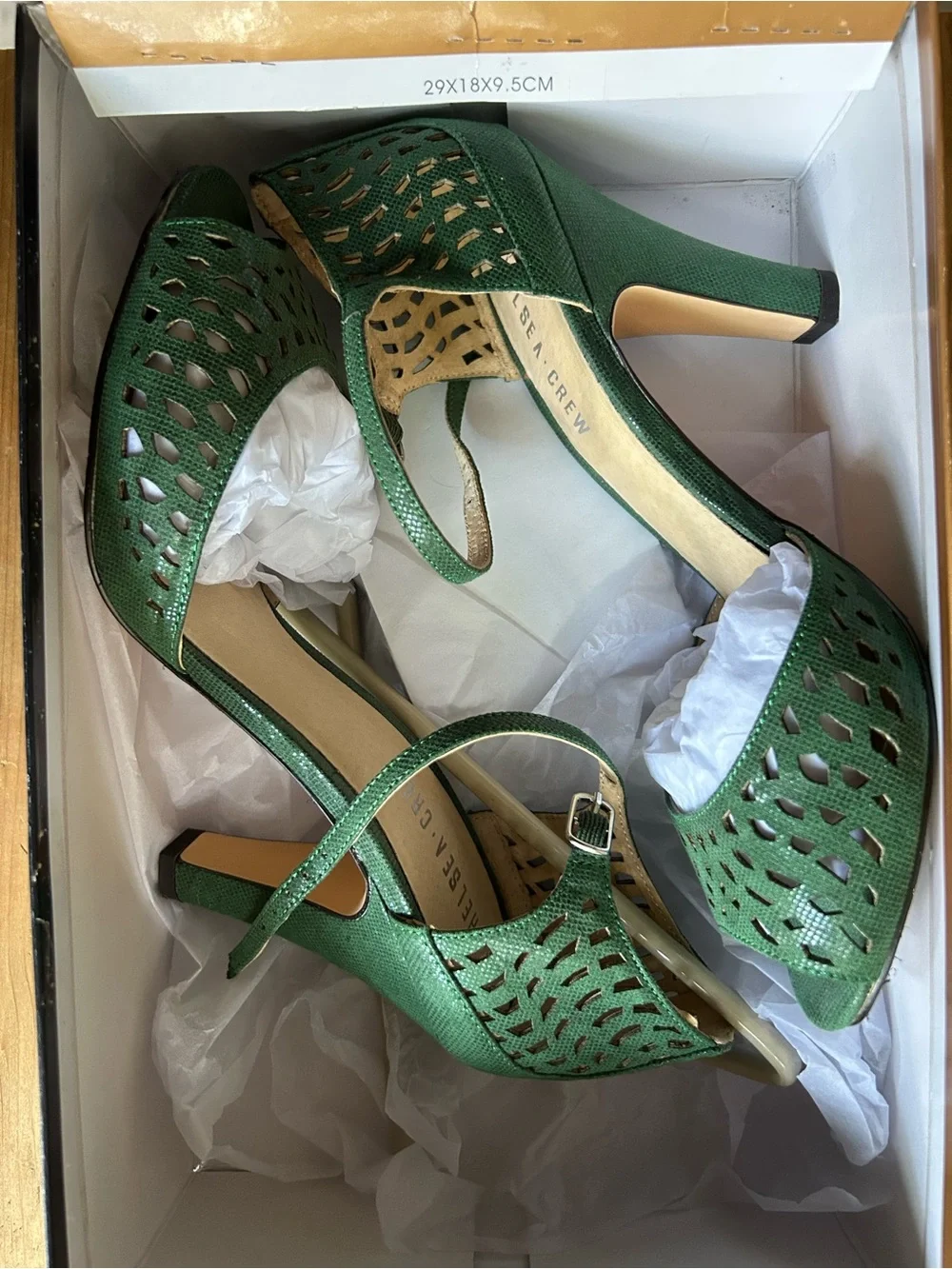 Chelsea Crew Liza Green Peep-Toe Laser Cut High Heel Sandals - Women size 8